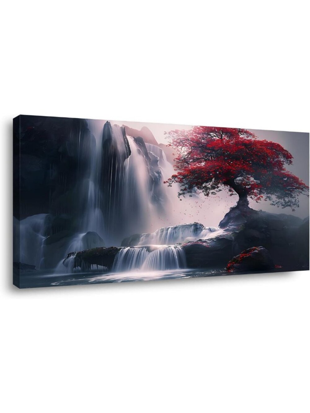 Red Leaf Tree Stand Canvas Wall Art - Nature Scenery Decor for Living Room
